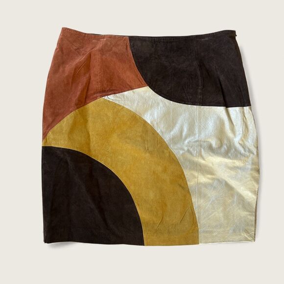 Y2K Colorblock Leather Skirt Size 20 Brown Tan Cream Patchwork Mini Plus Size - Picture 1 of 8